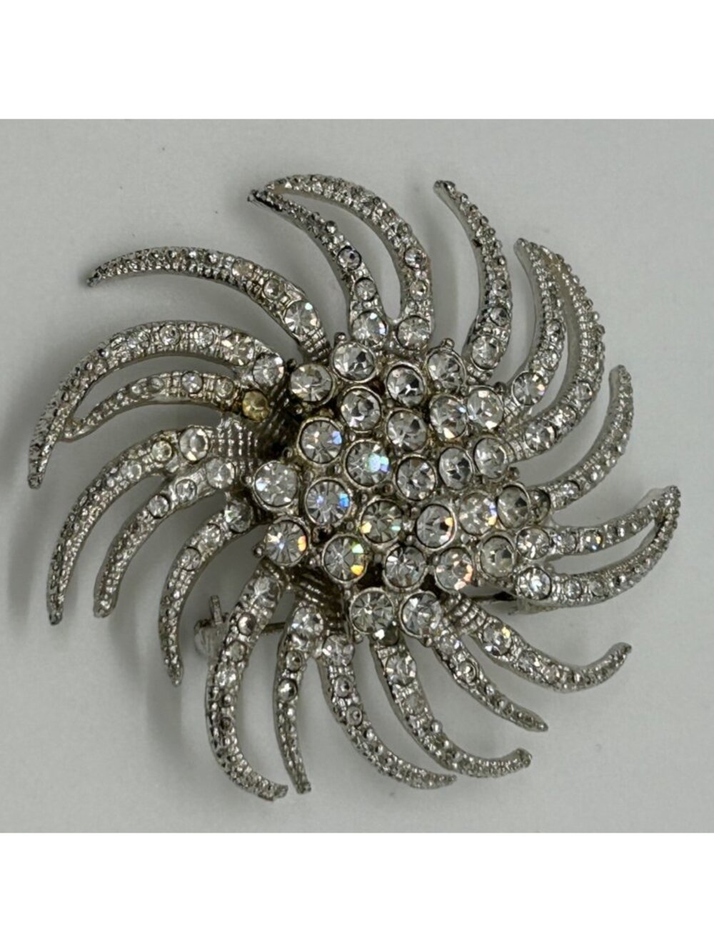 Vintage Silvertone Brooch Sunburst Starburst Swirl Rhinestone Retro Mid-Century
